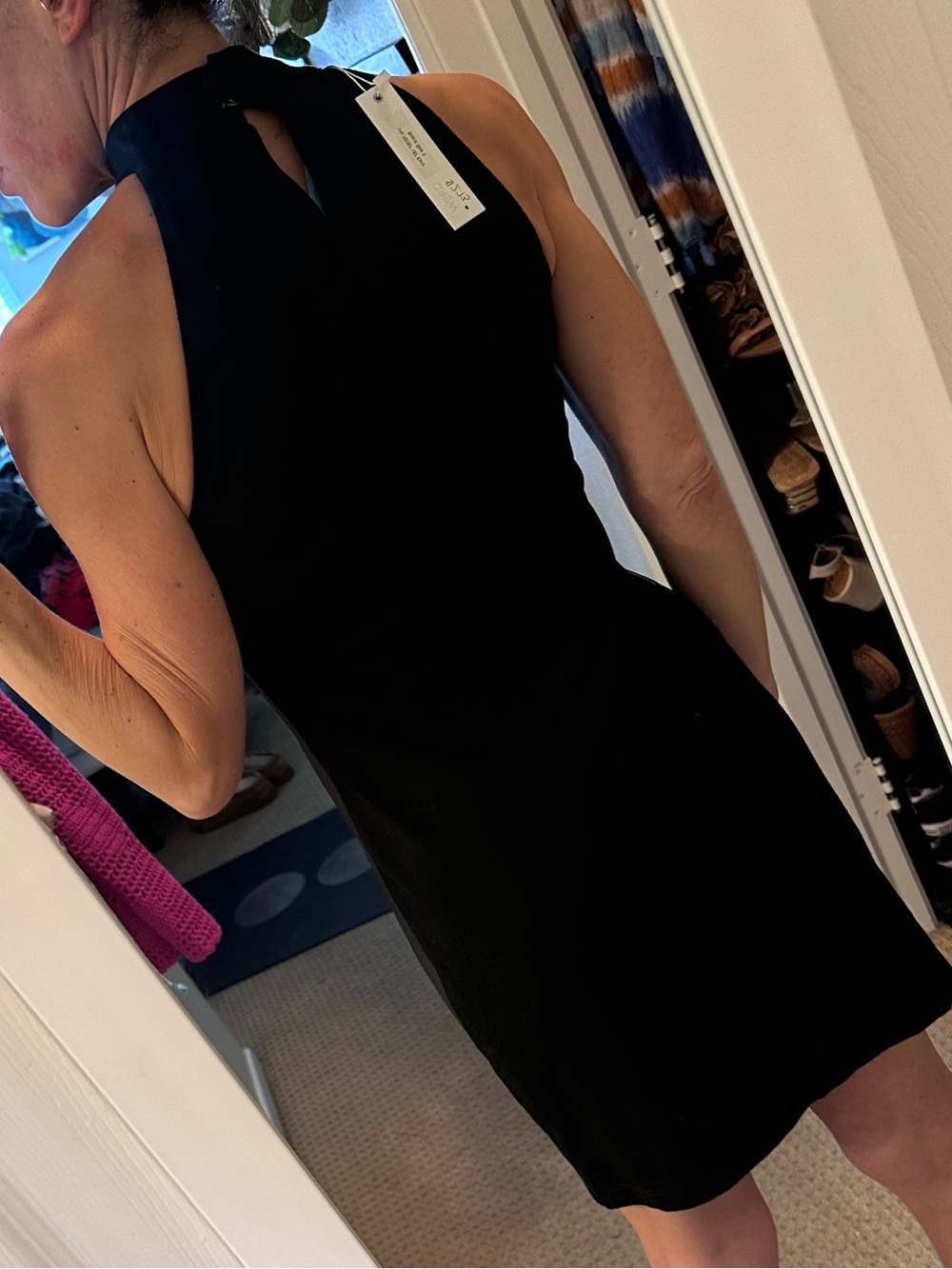 Faux Leather High Neck Shift Dress Minimal Chic Black Sleeveless - Picture 6 of 10